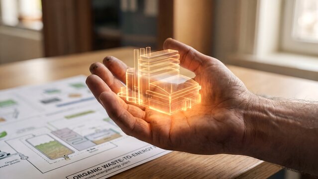 Waste to energy plant engineering concept, professional holding holographic industrial facility model above organic waste process diagram, biomass conversion, sustainable power