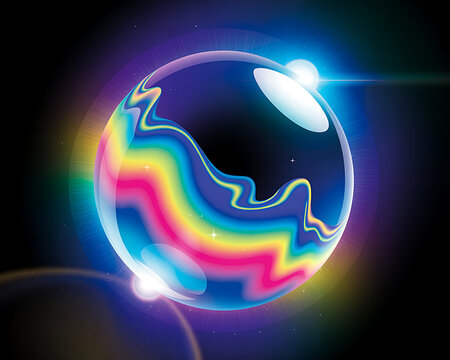 A luminous, transparent sphere with swirling rainbow colors inside, set against a dark cosmic background with glowing nebulae and bright light flares emanating from the sphere