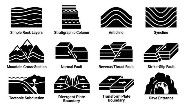 Geological formations and rock layers icon set featuring various structural diagrams and tectonic movements.