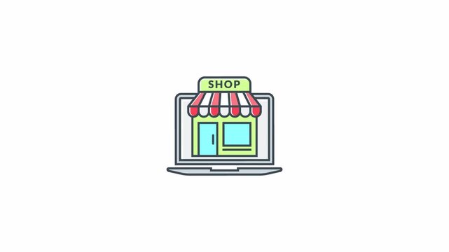 Minimalist animated digital shop icon on laptop screen for e-commerce concept.