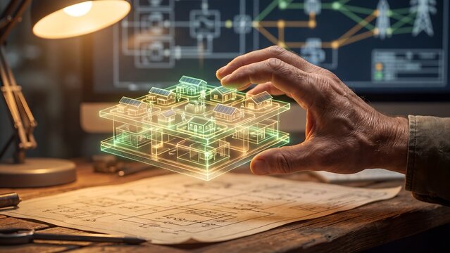 Smart grid residential solar community planning, engineer interacting with holographic neighborhood energy model with solar rooftops and power grid diagram on screen, microgrid design