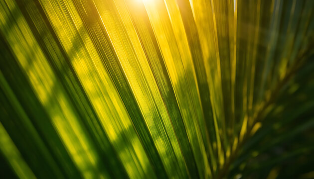Sunlight shining through a green palm leaf in nature