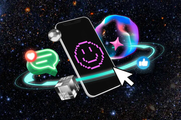 Smartphone with pixel smiley, icons, and cosmic background elements. © Rawpixel.com