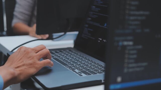 Asian happy woman and man programmer team coding software at computer in dark tech office, Concept of digital transformation, modern cyber security, startup teamwork and future IT digital network