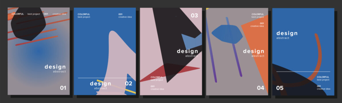 Five abstract modern graphic design layouts presenting minimalist shapes and vibrant colors, ideal for marketing collateral, web banners, and brand identity concepts