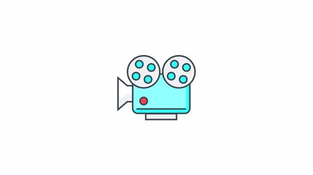 Minimalist blue retro video camera icon flat vector illustration.