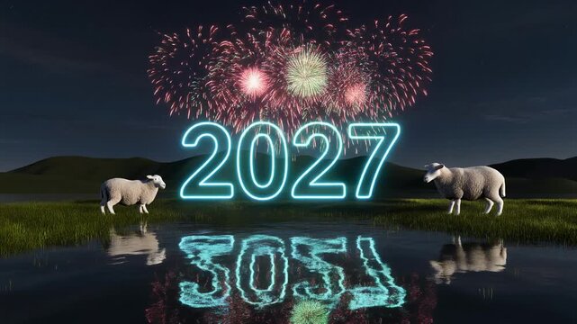 Neon 2027 Sign in Night Landscape with Sheep 4K Generative AI