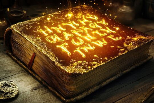 Magical spellbook with glowing golden syrup liquid letters splashing from open pages