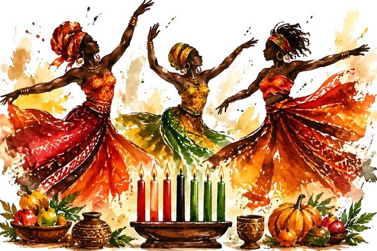 Dancers in patterned cloth mid-turn, watercolor illustration