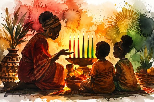 Parent teaching children at the kinara, watercolor illustration
