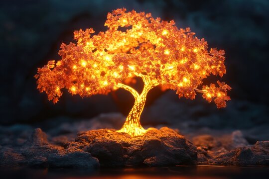 Magical maple tree producing glowing liquid light instead of syrup in a field at night