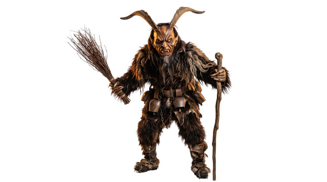 Krampus folklore character in traditional fur costume, demonic horned creature with birch switch and wooden staff, mythical Alpine Christmas monster on white background