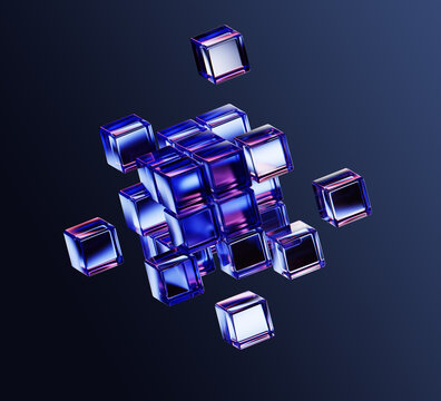 Abstract 3D glass cube structure of glossy blocks with glowing blue purple neon light on dark background. Teamwork, business unity, digital connection, data integration and technology. 3D illustration