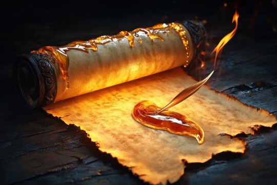 Magical vintage scroll paper with a golden syrup dipped feather quill pen and inkwell