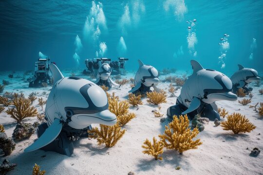 Futuristic underwater robots shaped like dolphins planting new coral on ocean reef restoration