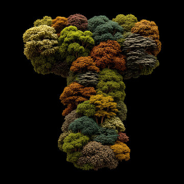 Letter T crafted from diverse trees, shrubs and bushes isolated on black background with clipping path