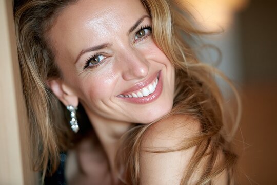Beautiful smiling woman with blonde hair and earrings posing with warm indoor lighting