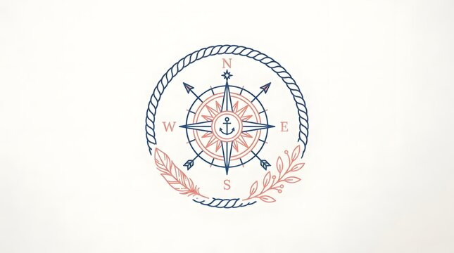 A stylized nautical compass illustration featuring an anchor, a feather, and a leafy branch, framed by a rope border