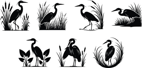 Fototapeta premium Heron and Egret Silhouette Vector Icon Set Featuring Swamp Birds Standing Among Reed Grass, Cattails, and Marsh Plants in Nature Settings