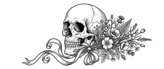 Fototapeta premium Vintage Skull with Flowers and Ribbon Illustration