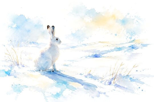 White hare in a snowfield, watercolor illustration