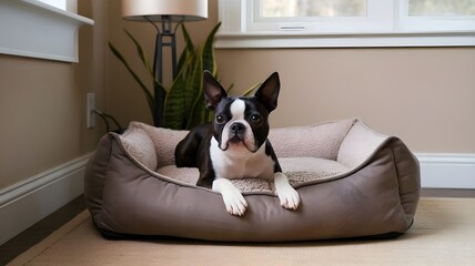 Naklejka na ściany i meble Adorable perro Boston Terrier descansando plácidamente en su cama acolchada dentro de una casa luminosa