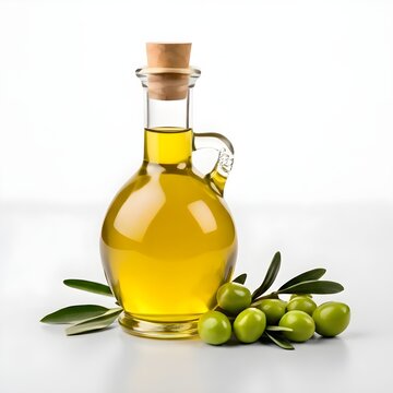Botella de vidrio con aceite de oliva virgen extra y tap&oacute;n de corcho acompa&ntilde;ada de aceitunas verdes y ramas de olivo sobre fondo blanco