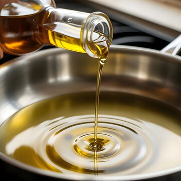 Aceite de oliva virgen extra verti&eacute;ndose desde una botella de vidrio sobre una sart&eacute;n de acero inoxidable con ondas l&iacute;quidas