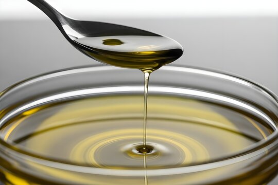 Aceite de oliva virgen extra de origen espa&ntilde;ol goteando desde una cuchara met&aacute;lica hacia un cuenco de cristal con ondas l&iacute;quidas