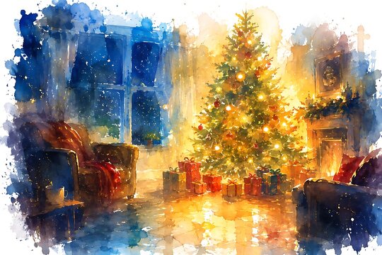 Room lit only by the Christmas tree, watercolor illustration