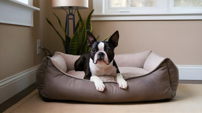 Adorable perro Boston Terrier descansando pl&aacute;cidamente en su cama acolchada dentro de una casa luminosa