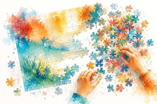 Half-finished jigsaw puzzle on a table, watercolor illustration