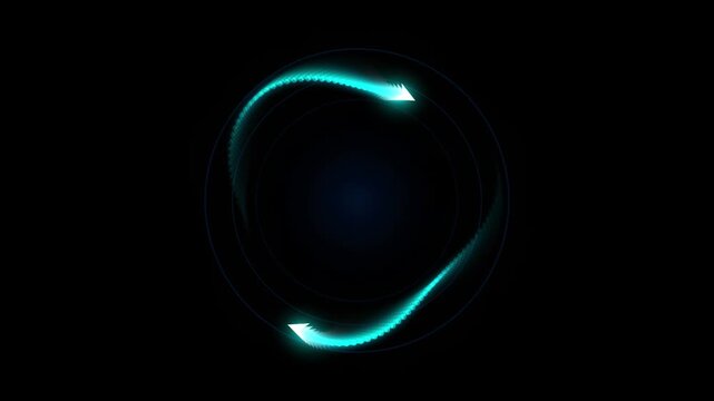 Glowing cyan digital loading circle with spinning dotted particles on black