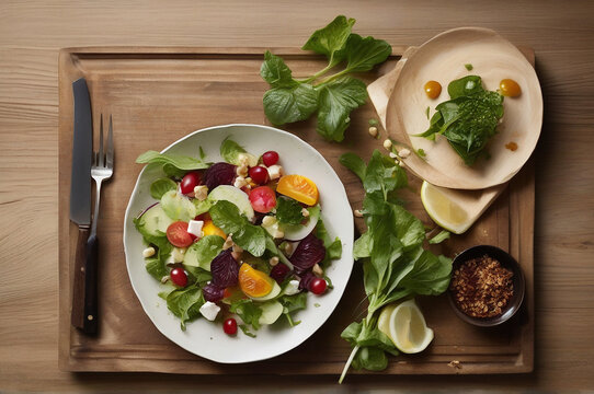overhead salad on wood board cream food styling