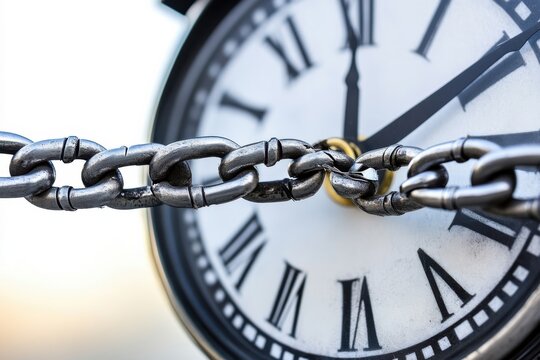 A giant chain breaking under the weight of a massive ancient cracked clock face