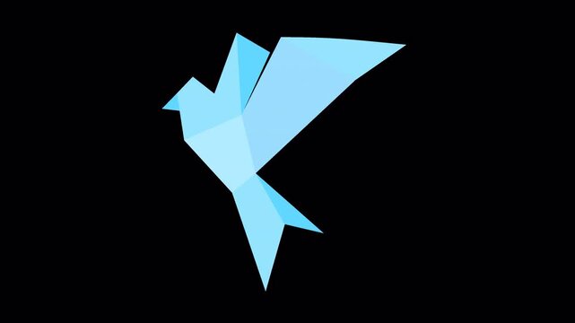 Blue low poly origami birds flying across a black background