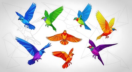 Fototapeta premium Group of colorful hummingbirds in flight against white background with copy space
