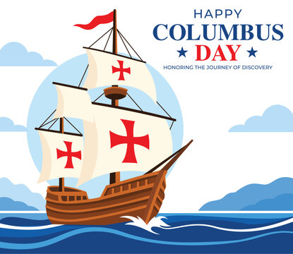 Happy Columbus Day greeting card vector illustration with a historic sailing ship on the ocean