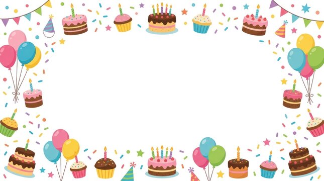 A colorful birthday cake border with balloons, candles, and confetti.