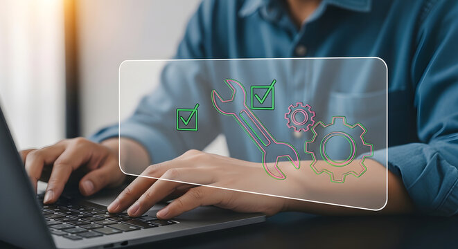 Professional Technical Support and System Maintenance Concept Represented by Digital Interface Icons on a Laptop Computer