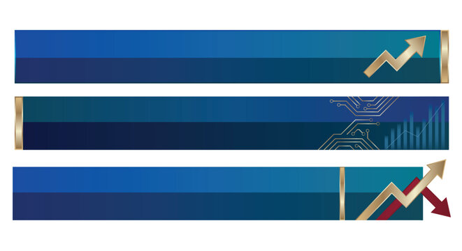 Set of blue abstract web banners lower third financial and technology graphics, including rising stock market arrows, circuit board patterns, and bar charts with elegant gold metallic accents
