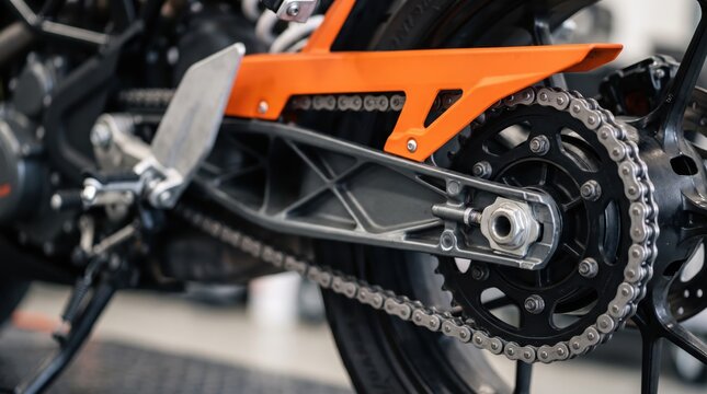 Close up of a motorcycle chain and rear sprocket mechanism with orange swingarm, detailed view of bike transmission system for repair service and maintenance concept