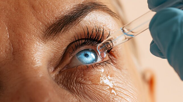 Close up view of a person receiving eye drops from a medical professional wearing blue gloves