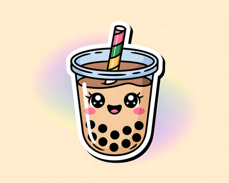 Adorable kawaii bubble tea drink with a cute smiling face and colorful striped straw depicted in a cartoon sticker style with a soft pastel rainbow aura and black outline Keywords: bubble tea