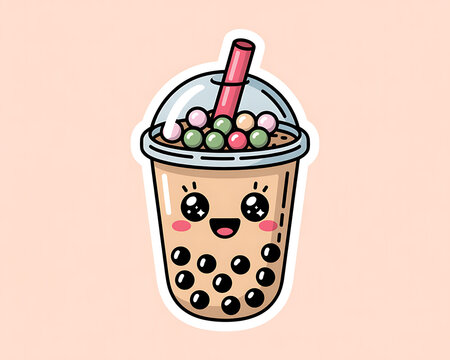 Adorable kawaii bubble tea drink with a smiling face, large eyes, pink cheeks, a pink straw, and colorful tapioca pearls in a clear cup with a light peach background and a white outline sticker
