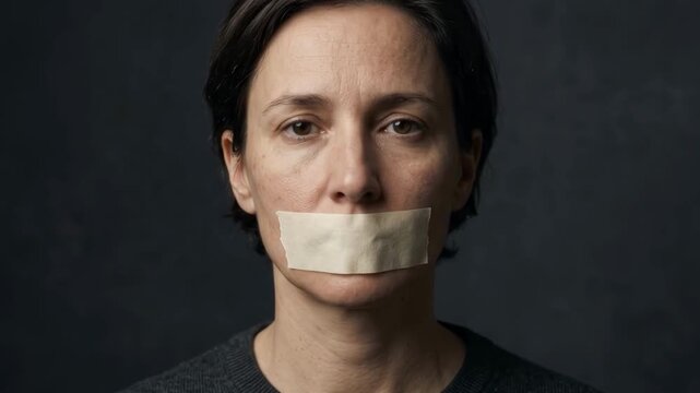 Portrait of a mature woman with mouth taped shut with duct tape representing silence or censorship