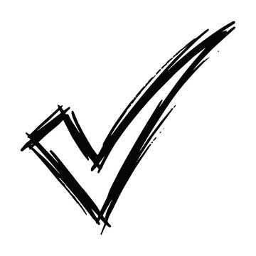 A hand drawn check mark symbol created with bold black ink strokes demonstrates positive choice validation and task completion for productivity management and educational grading purposes