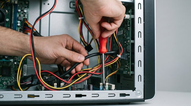 A technician connects a black cable amongst colorful wires inside a computer case showcasing internal components circuitry computerrepair connectivity cables