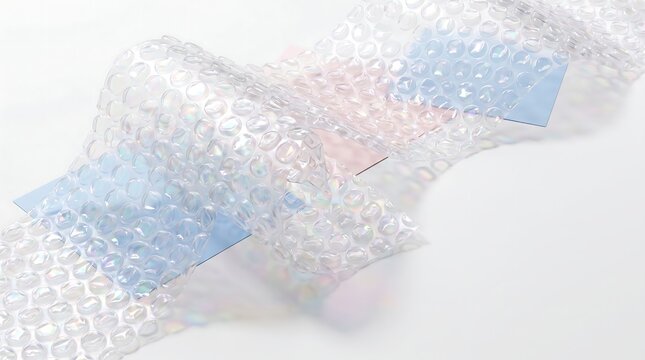 A transparent bubble wrap spiral arranged in a flowing curve against a plain white surface aircushion airpocket bubblefilm bubbleplastic bubblewrap