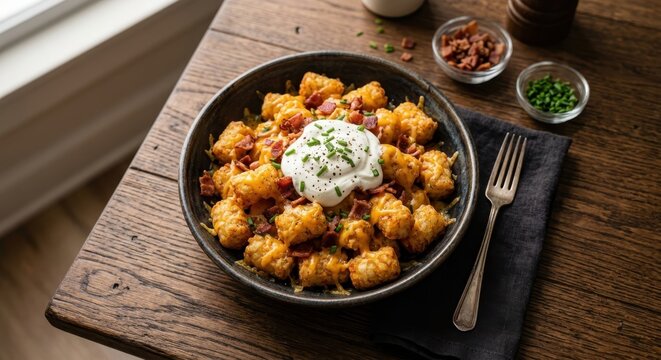 Gourmet loaded tater tots topped with melted cheddar cheese, crispy bacon, sour cream, and fresh chives served in a dark bowl on a rustic wooden table with side garnishes and natural lighting.